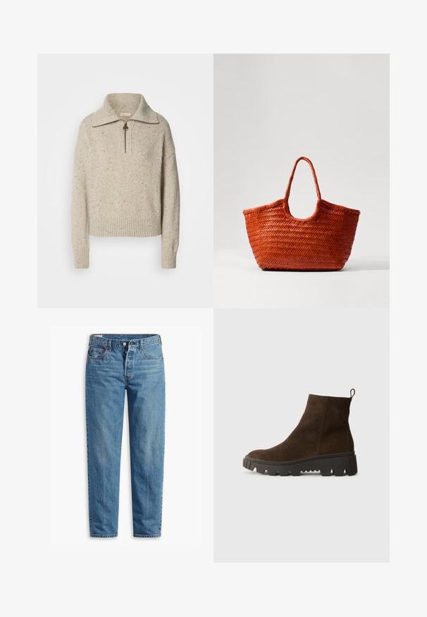 Beżowy sweter dziany z wysokim kołnierzem, zamek błyskawiczny oraz ściągacze przy mankietach i u dołu. Tekstura zawiera wplecioną ciemniejszą włókninę.; Niebieskie dżinsy z prostym krojem nogawki, z zapięciem na suwak, dwiema przednimi kieszeniami i delikatnym przetarciem na całej powierzchni materiału.; Brązowy zamszowy botek za kostkę z masywną czarną gumową podeszwą, posiadający lekki obcas i pętelkę z tyłu ułatwiającą zakładanie.; DRAGON DIFFUSION NANTUCKET pomarańczowy