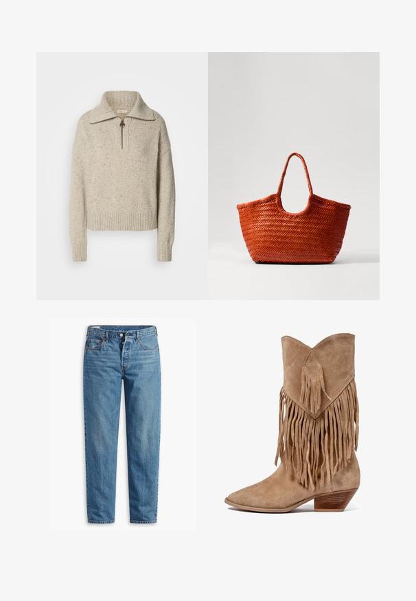 Beige kudum jersey kõrge krae, tõmbluku sulgemisega ja soonikkoes mansettide ning äärtega. Tekstuur sisaldab tumedamate kiudude täppe.; Sinine denimist valmistatud sirge lõikega teksad, millel on lukuga kokku tõmbamine, kaks esimest taskut ja peene värvimisega niiskus kogu kangast.; Tan nahast cowboy saapad fringingudega, terava varbaga ja madala hunnitud kontsaga. Omab rombikujulist plaastrit varruka peal.; DRAGON DIFFUSION NANTUCKET BASKET BIG - Käekott - naranja