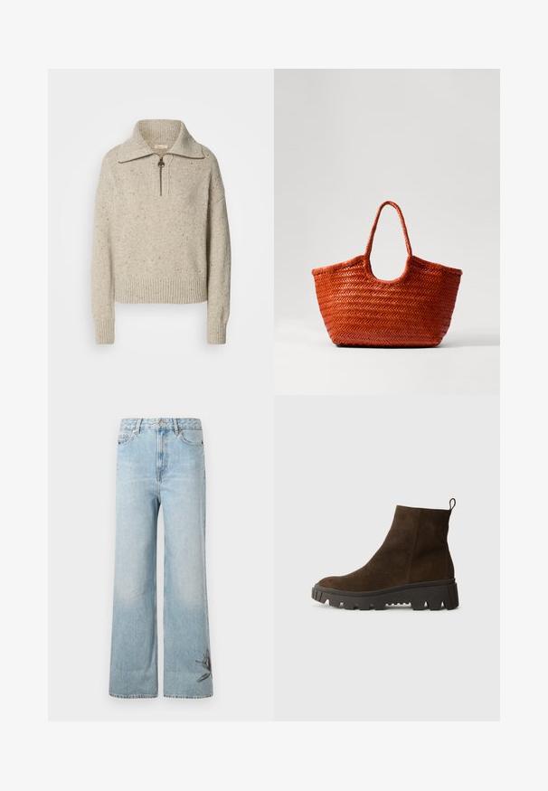Beżowy sweter dziany z wysokim kołnierzem, zamek błyskawiczny oraz ściągacze przy mankietach i u dołu. Tekstura zawiera wplecioną ciemniejszą włókninę.; Jasnoniebieskie dżinsy z szerokimi nogawkami, wykonane z denimu, z wyblakłą teksturą i haftem kwiatowym na dolnej lewej nogawce.; Brązowy zamszowy botek za kostkę z masywną czarną gumową podeszwą, posiadający lekki obcas i pętelkę z tyłu ułatwiającą zakładanie.; DRAGON DIFFUSION NANTUCKET pomarańczowy