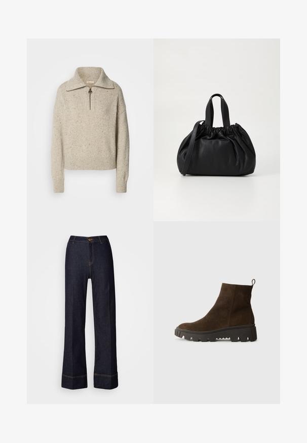 Pulover bej dintr-un material tricotat, cu guler înalt, închidere cu fermoar și manșete și tiv nervurate. Textura include fire mai închise la culoare pe alocuri.; Pantaloni din denim închis, cu picioare largi, cu o talie înaltă, având o închidere frontală cu nasture și cusături portocalii. Textură netedă pe toată suprafața.; Botină din suede maro, cu o talpă din cauciuc negru masiv, având un toc ușor și o bandă de prindere în spate pentru a fi ușor de îmbrăcat.; Geantă de mână din piele neagră cu un design cu partea superioară plisată, având două mânere scurte și o curea lungă ajustabilă. Textură netedă, formă rotunjită.