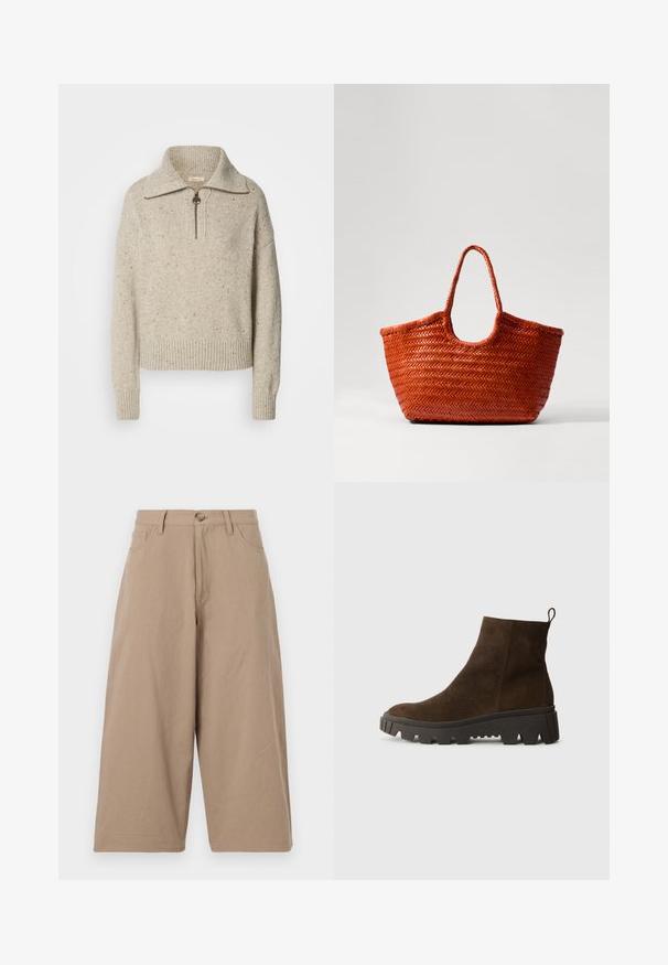 Pulover bej dintr-un material tricotat, cu guler înalt, închidere cu fermoar și manșete și tiv nervurate. Textura include fire mai închise la culoare pe alocuri.; Pantaloni largi khaki din bumbac, cu talie înaltă, buzunare frontale și închidere cu un singur nasture. Textură netedă și croi drept.; Botină din suede maro, cu o talpă din cauciuc negru masiv, având un toc ușor și o bandă de prindere în spate pentru a fi ușor de îmbrăcat.; DRAGON DIFFUSION NANTUCKET BASKET BIG - Geantă de mână - naranja