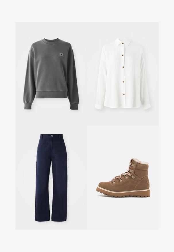 Szürke pulóver, sima pamut keverékből, kerek nyakkal, bordázott mandzsettákkal és egy kis logóval a bal mellrészen.; Fehér, hosszú ujjú ing texturált anyagból, gombos elejével, gallérral és barna gombdíszítéssel. Puha, hétköznapi dizájn.; Tengerészkék, bővebb, cargo stílusú nadrág strapabíró pamutból, oldalsó zsebekkel és gombos derékmegoldással.; Barna velúr bokacsizma műszőrmével bélelve, fényes fém szemekkel és vastag gumitalppal, amelynek mintázata texturált.