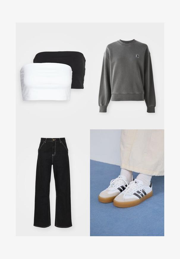 Grå pullover sweatshirts laget av glatt bomullsblanding, med rund hals, ribbestrikkede mansjetter og et lite logomerke på venstre bryst.; To stramme crop-topper uten stropper i svart og hvitt, laget av stretchelig bomullsstoff. Glatt tekstur med en enkel design og ingen synlige sømmer.; Svarte vide jeans laget av denim, med kontrasterende hvite sømmer og en frontknapplukking, samt to skrå frontlommer.; Hvite sneakers med svarte striper og beige semsket skinn-detaljer. Har en teksturert gummisåle og flate hvite snører, brukt med lyse sokker.