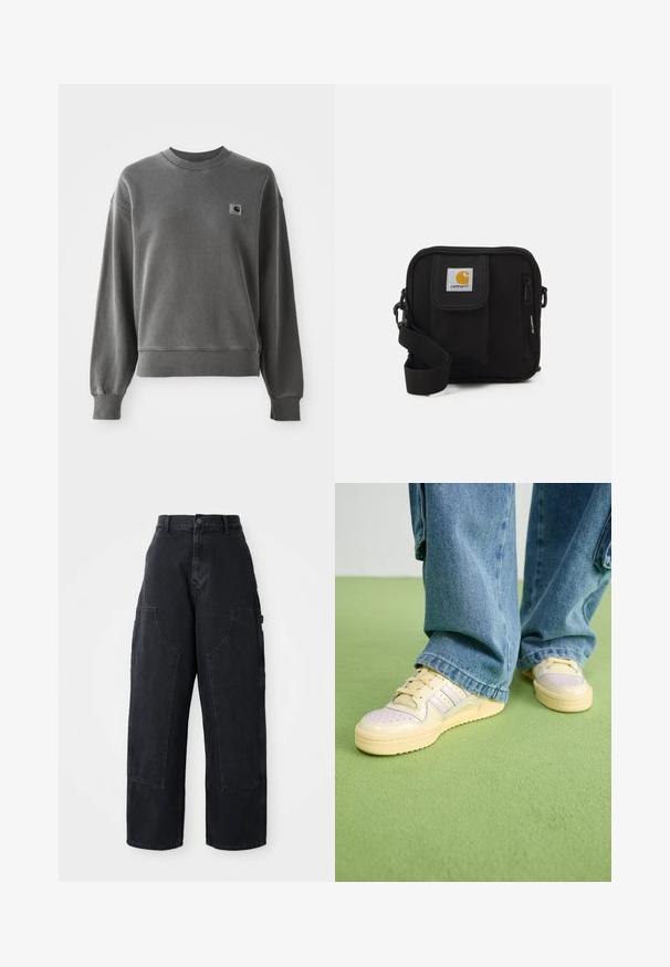 Hall hall, mis on valmistatud siledast puuvillaste segudest, ringikujuline kaelus, soonikpitsid ja väike logopatch vasakul rinnal.; Mustad denim laiad sääred cargo püksid kõrge vöökoht, kahe suure ees oleva taskuga ja nööpkinni klõpsuga vöökoht. Sile tekstuur, kõrvaline kujundus.; Kreemipealsega ja tekstureeritud kummitaldiga tossud, millel on aukudega detailid ja kihilised aktsendid helesinisel ja beežil.; Mustmust kott, millel on lukkudega peamine ruum, esikott, reguleeritav rihm ja nähtav logofirma kleebis kaasel.