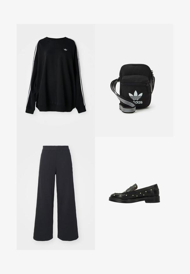 Zwarte oversized sweatshirt van zachte stof, met witte strepen langs de mouwen en een klein logo op de borst. Ronde halslijn.; Zwarte wijde sweatpants gemaakt van zachte stof, met een elastische tailleband en een klein logo aan de linkerkant.; Zwarte leren instappers met gespikkelende accenten, voorzien van een lage hak en een geweven ontwerp op de bovenkant, een gladde textuur en een ronde neus.; Zwarte stoffen schoudertas met een ritssluiting, voorzien van een wit Adidas-logo en een gestreepte, verstelbare schouderband voor gemakkelijk dragen.