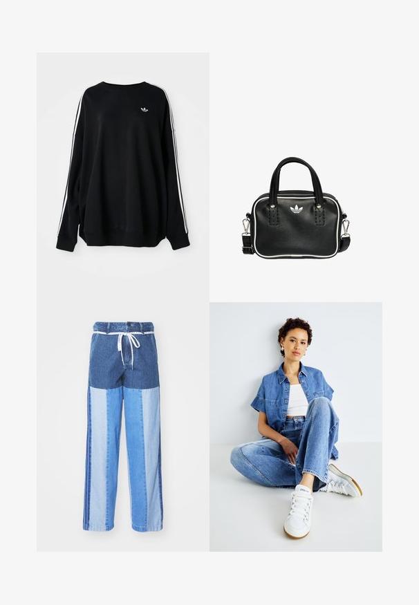 Black oversized sweatshirt in soft fabric, featuring white stripes along the sleeves and a small logo on the chest. Round neckline.; Blue denim pants featuring a patchwork design with varying shades of blue, a drawstring waist, and loose, straight-cut legs.; Two-piece denim outfit featuring a light blue cropped shirt with short sleeves and high-waisted jeans. Paired with white sneakers.; Black leather handbag with two short handles, silver hardware, white accents, and a white logo. Features a textured surface and compact design.