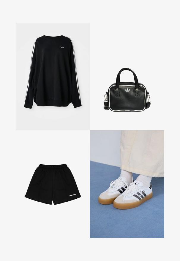 Čierna voľná mikina z mäkkého materiálu, s bielymi pruhmi pozdĺž rukávov a malým logom na hrudi. Okrúhly výstrih.; Čierne šortky vyrobené z bavlny, s elastickým pásom, bočnými vreckami a bielou potlačou loga "PEGADOR" na prednej strane.; Biele tenisky s čiernymi pruhmi a béžovými semišovými detailmi. Majú textúrovanú gumovú podrážku a ploché biele šnúrky, kombinované s svetlými ponožkami.; Čierna kožená kabelka s dvoma krátkymi držadlami, striebornými kovovými doplnkami, bielymi akcentmi a bielym logom. Vyznačuje sa textúrovaným povrchom a kompaktným dizajnom.