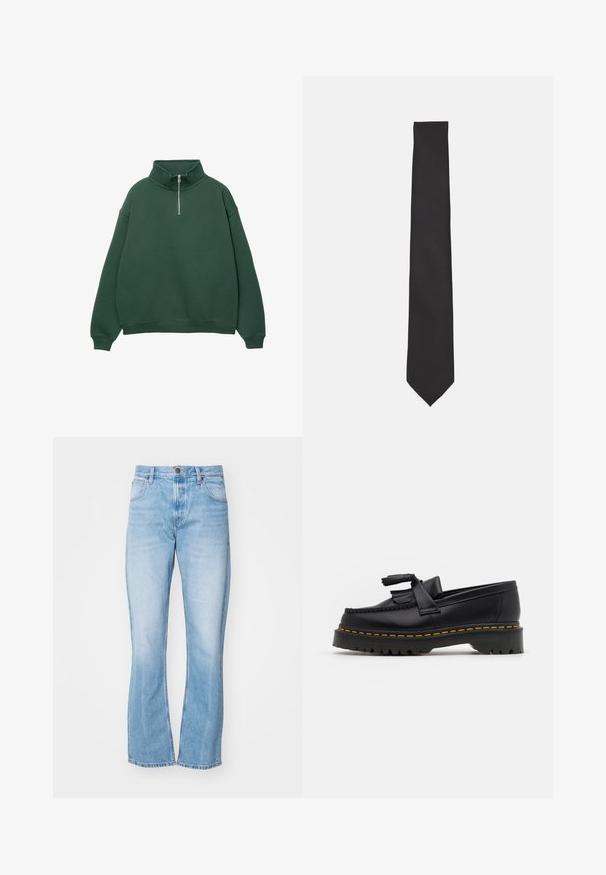 Tumma vihreä, vetoketjullinen puolihihainen huppari, jossa on korkea kaulus. Valmistettu pehmeästä materiaalista, jossa on roikkuvat olkapäät sekä ribbitekniikalla valmistetut hihansuut ja helma.; Kaksi lyhythihaista paitaa: yksi valkoinen ja toinen vaaleansininen. Molemmissa on napitus edessä, kaulus, sileä puuvillakangas ja normaali istuvuus.; Vaaleansiniset farkut, joissa on leveät lahkeet ja korkea vyötärö, etutaskut ja vetoketju. Sisältää hienovaraista haalistumista ja ompelutyynyjä.; Musta nahkakengät, joissa on tupsuakkentti, paksu musta pohja ja keltainen ommel reunassa. Rakeinen pinta.; Musta solmio, joka on valmistettu sileästä kankaasta. Se on pitkänomainen, kapea muoto, jossa on terävä pää eikä näkyviä kuvioita tai koristeita.