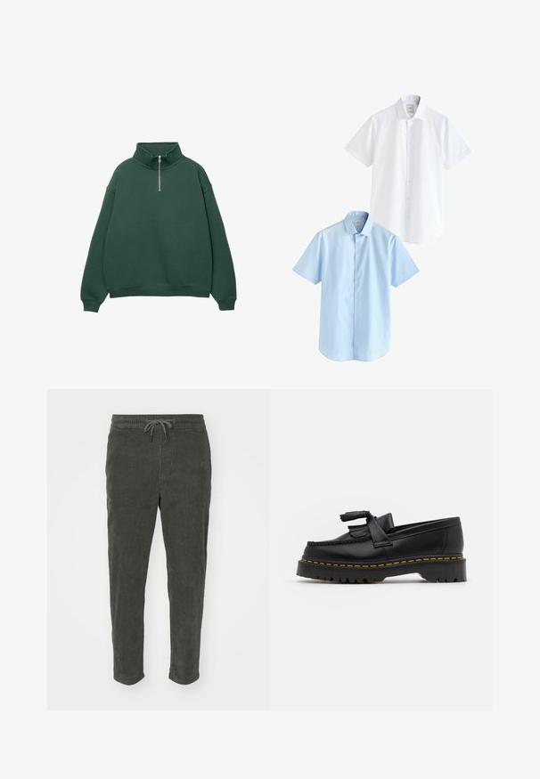Sweat à capuche zippé vert foncé avec un col haut. Fabriqué en matériau doux, présentant des épaules tombantes et des poignets et un ourlet côtelés.; Deux chemises à manches courtes : une blanche et une bleu clair. Les deux possèdent un devant à boutons, un col, un tissu en coton lisse et une coupe standard.; Pantalons en velours côtelé vert foncé, dotés d'une taille élastique avec cordon de serrage et de jambes fuselées. Surface texturée avec des rainures verticales.; Mocassin en cuir noir avec un accent à frange, doté d'une semelle épaisse noire et d'une couture jaune le long du bord. Fini texturé.
