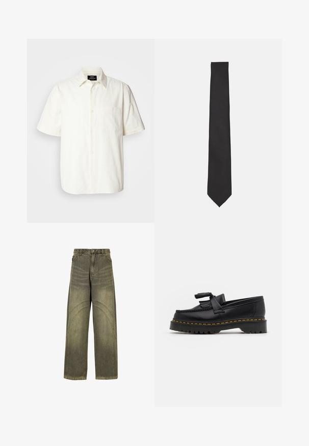 Mørkegrøn, lynlås sweatshirt med høj krave. Lavet af blødt materiale, med dropped shoulders og ribbede manchetter og kant.; Kortærmet, knappet skjorte i off-white stof med en lomme på venstre bryst og klassisk kravedesign. Glat tekstur.; Bredde ben jeans i olivengrøn denim med buede søm-detaljer, klassisk knaplukning og en falmet finish.; Sort læderloafer med en frynsedetalje, der har en kraftig sort sål og gul syninger langs kanten. Teksturert overflade.; Sorte butterfly-slipset lavet af glat stof, med en slank, forlænget form med en spids ende og uden synlige mønstre eller accenter.