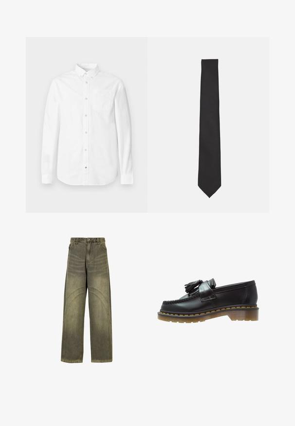 Tumma vihreä, vetoketjullinen puolihihainen huppari, jossa on korkea kaulus. Valmistettu pehmeästä materiaalista, jossa on roikkuvat olkapäät sekä ribbitekniikalla valmistetut hihansuut ja helma.; Valkoinen pitkähihainen paita, valmistettu puuvillasta. Siinä on nappikiinnitteinen kaulus, rintatasku ja hienovarainen tekstuuri. Suora helma nappikiinnityksellä.; Värikäs farkkuyhdistelmä avaralla lahkeella oliivinvihreässä denimissä, joka sisältää kaarevia sauma-akkentteja, klassisen nappikiinnityksen ja haalistuneen pinnan.; Mustat nahka loaferit, joissa on teksturoitu pinta, koristeellinen tupsu ja erottuva keltainen ommel, paksulla, läpinäkyvällä pohjalla.; Musta solmio, joka on valmistettu sileästä kankaasta. Se on pitkänomainen, kapea muoto, jossa on terävä pää eikä näkyviä kuvioita tai koristeita.