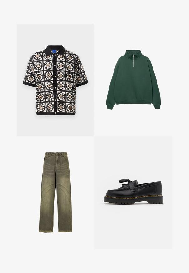 Tumma vihreä, vetoketjullinen puolihihainen huppari, jossa on korkea kaulus. Valmistettu pehmeästä materiaalista, jossa on roikkuvat olkapäät sekä ribbitekniikalla valmistetut hihansuut ja helma.; Mustapaitainen t-paita, jossa on monimutkaisia valkoisia ja beigepässiä virkattuja kukkakuvioita, varustettuna nappilistalla ja litteällä kauluksella.; Värikäs farkkuyhdistelmä avaralla lahkeella oliivinvihreässä denimissä, joka sisältää kaarevia sauma-akkentteja, klassisen nappikiinnityksen ja haalistuneen pinnan.; Musta nahkakengät, joissa on tupsuakkentti, paksu musta pohja ja keltainen ommel reunassa. Rakeinen pinta.