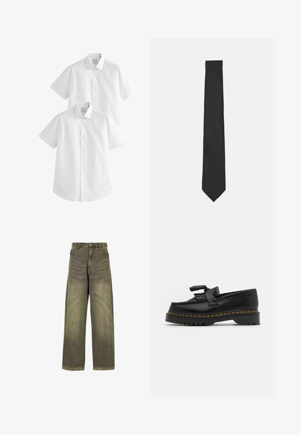 Tumma vihreä, vetoketjullinen puolihihainen huppari, jossa on korkea kaulus. Valmistettu pehmeästä materiaalista, jossa on roikkuvat olkapäät sekä ribbitekniikalla valmistetut hihansuut ja helma.; Valkoiset lyhythihaiset paidat kahden pakkauksessa, joissa on napitettu kaulus ja sileä puuvillakangas, suunniteltu rentoon käyttöön.; Värikäs farkkuyhdistelmä avaralla lahkeella oliivinvihreässä denimissä, joka sisältää kaarevia sauma-akkentteja, klassisen nappikiinnityksen ja haalistuneen pinnan.; Musta nahkakengät, joissa on tupsuakkentti, paksu musta pohja ja keltainen ommel reunassa. Rakeinen pinta.; Musta solmio, joka on valmistettu sileästä kankaasta. Se on pitkänomainen, kapea muoto, jossa on terävä pää eikä näkyviä kuvioita tai koristeita.