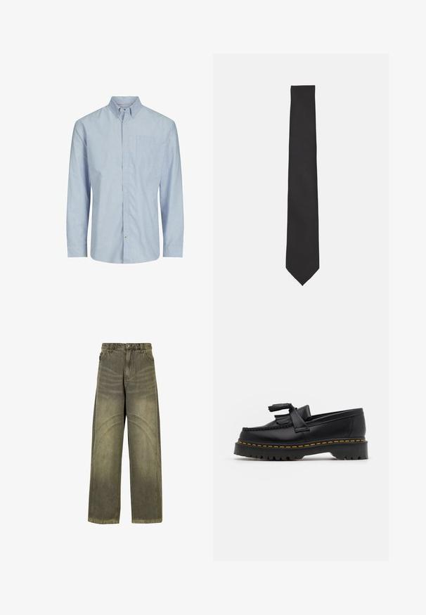 Donkergroen, ritssluiting sweatshirt met hoge kraag. Gemaakt van zacht materiaal, met verlaagde schouders en ribgebreide manchetten en zoom.; Gestreepte lange mouwen shirt in lichtblauw en wit, met een button-down kraag, borstzak en rechte snit. Katoenmix stof.; Wijde spijkerbroeken van olijfgroene denim, met gebogen naadaccenten, klassieke knoopsluiting en een vervaagde afwerking.; Zwarte leren loafers met een franjesaccent, voorzien van een dikke zwarte zool en gele stiksels langs de rand. Gevoelige afwerking.; Zwarte stropdas van gladde stof, met een slanke, verlengde vorm en een puntige punt zonder zichtbare patronen of accenten.