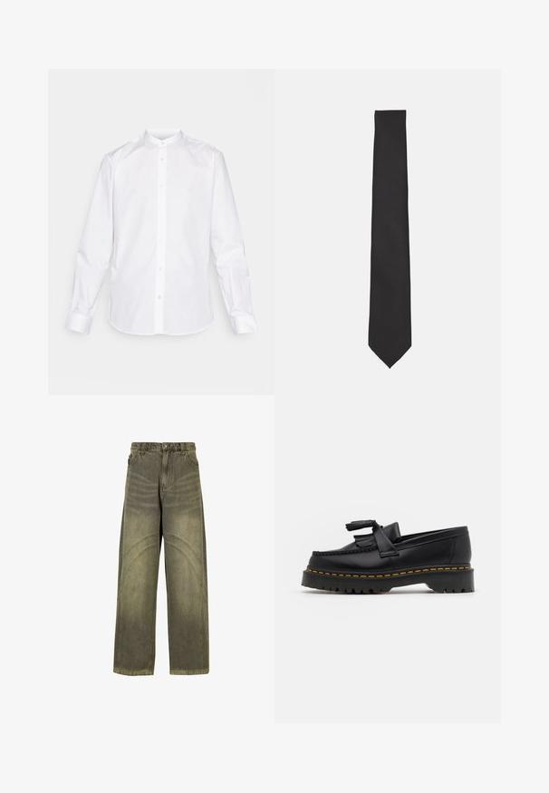Hanorac cu fermoar, de culoare verde închis, cu guler înalt. Fabricat dintr-un material moale, cu umeri căzuți și manșete și tiv din tricot.; Cămașă albă cu mânecă lungă, cu guler de tip bandă, cu închidere puțin în față și manșete cu nasturi. Confecționată dintr-un material neted, cu un finisaj curat.; Jeans cu picioare largi din denim verde măsliniu, prezentând accente de cusături curbe, închidere cu buton clasic și un finisaj ușor decolorat.; Mocasini din piele neagră cu un accent ciufulit, având o talpă groasă neagră și cusături galbene pe margine. Finisaj texturat.; Papion negru din țesătură fină, cu o formă subțire și alungită, având o vârf ascuțit și fără modele sau accente vizibile.