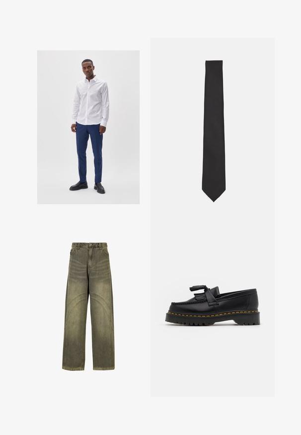 Donkergroen, ritssluiting sweatshirt met hoge kraag. Gemaakt van zacht materiaal, met verlaagde schouders en ribgebreide manchetten en zoom.; Witte blouse met knoopsluiting, gecombineerd met blauwe broek. Model draagt zwarte instappers. Gladde stof en nauwsluitende pasvorm.; Wijde spijkerbroeken van olijfgroene denim, met gebogen naadaccenten, klassieke knoopsluiting en een vervaagde afwerking.; Zwarte leren loafers met een franjesaccent, voorzien van een dikke zwarte zool en gele stiksels langs de rand. Gevoelige afwerking.; Zwarte stropdas met een gladde textuur, slank ontwerp en puntige tip. Geen patronen of accenten zichtbaar, afgebeeld tegen een effen witte achtergrond.