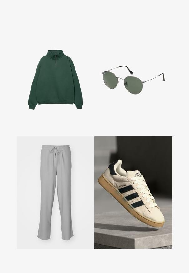 Tmavě zelený pulover se zipem a vysokým límcem. Vyrobený z měkkého materiálu, má spadlá ramena a žebrované manžety a lem.; Šedé žíhané tepláky s elastickým pasem a nastavitelnou šňůrkou. Obsahují boční kapsy a volný střih přes nohy.; Béžové semišové tenisky s třemi tmavě modrými pruhy, bílými tkaničkami a hnědou gumovou podrážkou. Obsahují logo na jazyku a nápis "CAMPUS".; Sluneční brýle s kovovým rámem a oválnými zelenými skly. Tenký stříbrný kovový rám a černé chrániče uší. Minimalistický design, žádné viditelné logo.