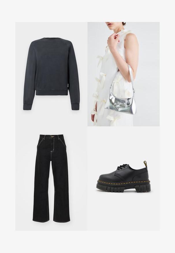 Sötétszürke pulóver, kerek nyakkivágással, raglán ujjakkal, bordás mandzsettákkal és aljúval. Simább felület, látható minták vagy díszítések nélkül.; Fekete, széles szárú farmernadrág, kontrasztos fehér varrással és elülső gombos záródással, két ferde elülső zsebbel.; Fekete bőr cipők vastag, textúrált talppal. Jellemzői közé tartozik a sárga varrás, a lekerekített orr és a saroknál található húzófüle.; Ezüst fémes kézitáska, struktúrált formával, felső fogantyúval és masnis részlettel az elején. Simaságával és fényes felületével tűnik ki.