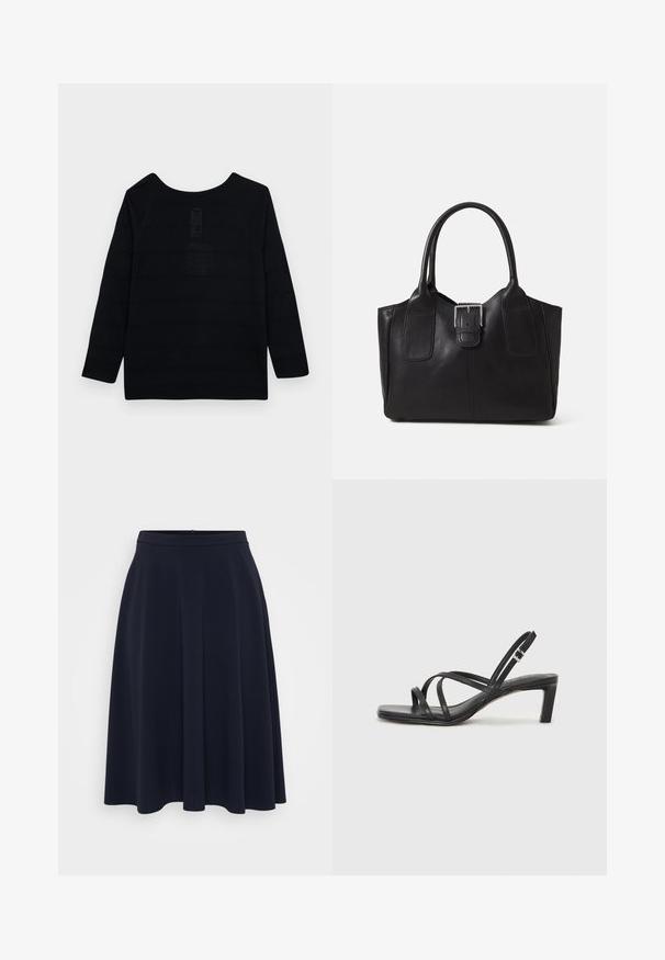 Black long-sleeve top with a rounded neckline, featuring a textured pattern and reinforced stitching along the seams.; Persona by Marina Rinaldi GETTI - A-line skirt - midnight blue; Black strappy sandal with a square toe and a low block heel. Features multiple thin straps and an adjustable ankle strap. Made of smooth leather.; Black leather tote bag with smooth texture, structured shape, two handles, and a prominent silver buckle detail on the front.