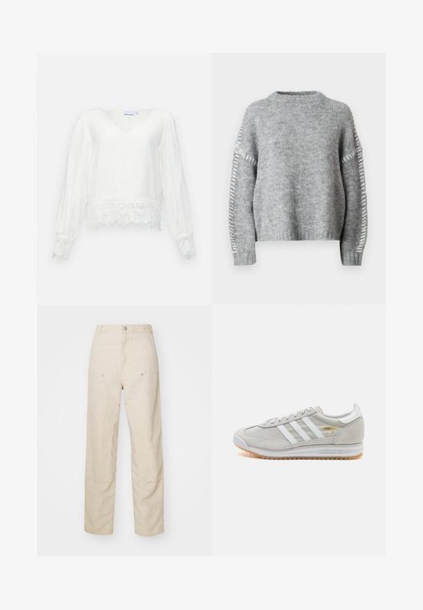 JDY JDYZOEY LIFE ON STITCH NOOS - Maglione - light grey melange; Blusa bianca a maniche lunghe con scollo a V, caratterizzata da un applicazione in pizzo all'orlo e ai polsini, realizzata in tessuto leggero con una consistenza morbida.; Pantaloni in lino beige con vestibilità rilassata, dotati di tasche laterali e dettagli di cucitura decorativi, vita senza cuciture e gambe dritte.; Sneaker grigio chiaro realizzato in suede e rete, con tre strisce bianche, punta arrotondata e suola in gomma color caramello. Accento del logo dorato vicino ai lacci.