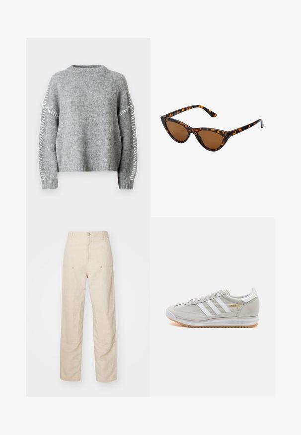 JDY JDYZOEY LIFE ON STITCH NOOS - Džemperis - light grey melange; Bežinės lino kelnės su laisvu kirpimu, turinčios šonines kišenes ir dekoratyvius siuvimo elementus, be siūlų juostos ir tiesiomis kojomis.; Šviesiai pilki sportbačiai, pagaminti iš zomšos ir tinklinės medžiagos, su trimis baltais dryžiais, apvaliu pirštu ir guma padu. Auksinė logotipo detalė šalia raištelių.; Katės akies saulės akiniai su juodu ir oranžiniu šarvuotu rėmeliu, ruda objektyvu ir elegantiškais, smailiais galiukais. Rėmelyje yra minimalus logotipas ant šventės.