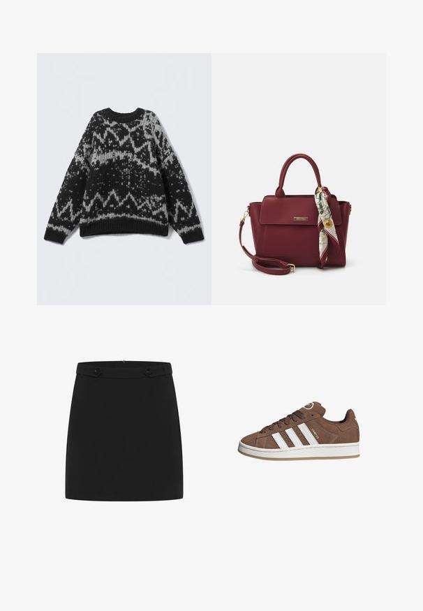 Sort og grå mønstret striktrøje med rund hals og ribbet fald. Har geometriske designs og et blødt, struktureret udseende.; Hvid langærmet skjorte med knapper, spids krave og sammensnørede manchetter, præsenteret på en ensfarvet hvid baggrund.; Sort mini nederdel lavet af glat stof med et enkelt design, flad talje samt to dekorative knapdetaljer foran.; Brune ruskinds sneakers med hvide læderstriber, gummisål, rund tå og snørebåndsfront. Har et logo på tungen og perforerede detaljer.; Burgunderfarvet håndtaske lavet af syntetisk materiale med et struktureret design, der har en aftagelig skulderrem og et blomstermønstret tørklæde bundet til håndtaget.