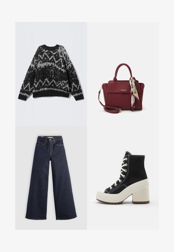 Maglione lavorato a maglia nero e grigio con collo rotondo e orlo a coste. Presenta disegni geometrici e un aspetto morbido e strutturato.; Camicia bianca a maniche lunghe con colletto a punta e polsini arricciati, mostrata su uno sfondo bianco semplice.; Jeans in denim a gamba larga di colore blu scuro con cuciture a contrasto. Caratterizzati da un design tradizionale a cinque tasche e chiusura a bottone in vita.; Stivale alto nero con lacci bianchi, tessuto testurizzato, suola a piattaforma crema e tacco a blocco. Caratterizzato da cuciture bianche e punta in gomma.; Borsa borgogna realizzata in materiale sintetico con un design strutturato, dotata di tracolla removibile e un foulard a motivi floreali legato al manico.