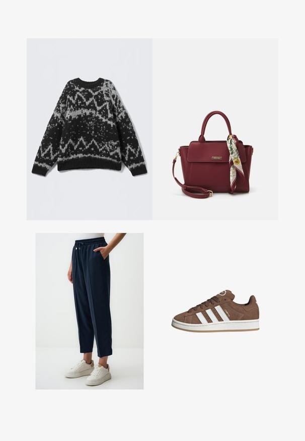 Czarny i szary sweter dzianinowy w wzory z okrągłym dekoltem i ściągaczem. Posiada geometryczne wzory oraz miękką, teksturowaną powierzchnię.; Biała koszula z długim rękawem, zapinana na guziki, z zaostrzonym kołnierzykiem i marszczonymi mankietami, wyeksponowana na jasnym białym tle.; Granatowe, lekkie spodnie dresowe z elastycznym paskiem w talii i bocznymi kieszeniami, w połączeniu z białymi tenisówkami. Gładka tekstura, skrócony krój.; Brązowe zamszowe sneakersy z białymi skórzanymi paskami, gumową podeszwą, zaokrąglonym noskiem i sznurowanym przodem. Posiadają logo na języku i perforowane akcenty.; Burgundowa torebka wykonana z materiału syntetycznego, o strukturalnym designie, z odpinanym paskiem i chustą w kwiatowy wzór związaną na uchwycie.