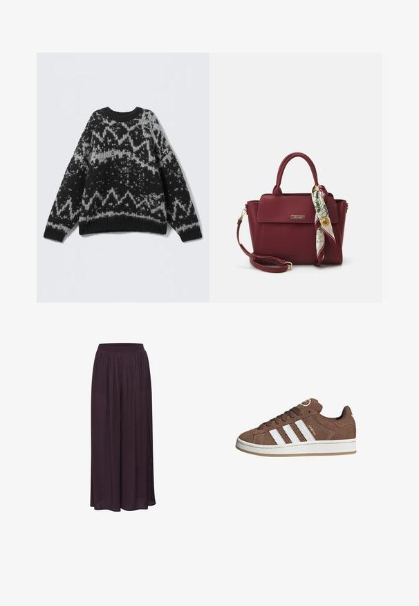 Pull en tricot noir et gris à motif avec un col rond et un ourlet côtelé. Présente des motifs géométriques et une apparence douce et texturée.; Chemise blanche à manches longues à col pointu et poignets froncés, présentée sur un fond blanc uni.; Pantalons larges en tissu léger, de couleur violet foncé. Dotés d'une taille élastique et d'un design fluide avec une texture lisse.; Baskets en daim marron avec des bandes en cuir blanc, semelle en caoutchouc, bout arrondi et lacets. Comprend un logo sur la languette et des accents perforés.; Sac à main bourgogne en matériau synthétique avec un design structuré, doté d'une bandoulière amovible et d'un foulard à motif floral noué au poignet.