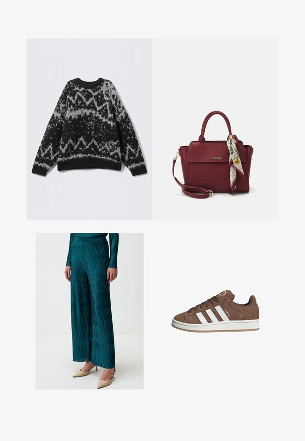 Zwart en grijs gemêleerd gebreide trui met een ronde hals en geribde onderkant. Bevat geometrische ontwerpen en heeft een zachte, textuurachtige uitstraling.; Witte langarm button-up shirt met een puntige kraag en plooikomende manchetten, weergegeven op een effen witte achtergrond.; Teal, geplooide wijdlopende broeken van glanzende stof, met verticale lijnen en een comfortabele tailleband. Gecombineerd met huidkleurige hoge hakken.; Bruine suède sneaker met witte leren strepen, rubberen zool, ronde neus en vetersluiting. Kenmerkt zich door een logo op de tong en geperforeerde accenten.; Bordeaux handtas van synthetisch materiaal met een gestructureerd ontwerp, voorzien van een afneembare schouderband en een met bloemenpatroon versierde sjaal die aan het handvat is geknoopt.