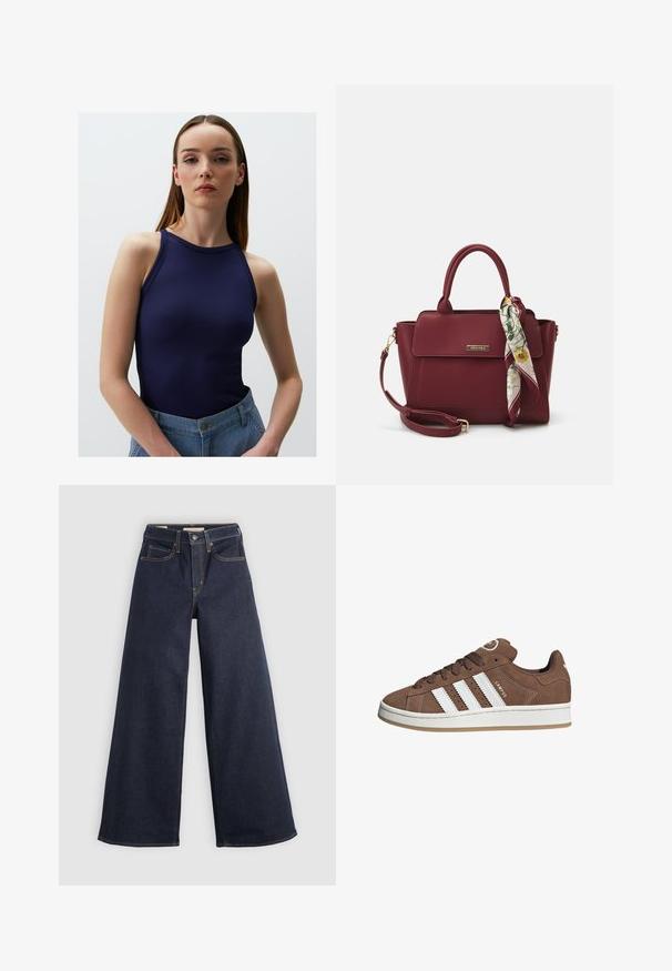 Maglione lavorato a maglia nero e grigio con collo rotondo e orlo a coste. Presenta disegni geometrici e un aspetto morbido e strutturato.; Jimmy Key SLIM FIT HALTER NECK BASIC - Top - dark blue; Jeans in denim a gamba larga di colore blu scuro con cuciture a contrasto. Caratterizzati da un design tradizionale a cinque tasche e chiusura a bottone in vita.; Sneakers in suede marrone con strisce in pelle bianca, suola in gomma, punta rotonda e lacci. Presentano un logo sulla linguetta e dettagli perforati.; Borsa borgogna realizzata in materiale sintetico con un design strutturato, dotata di tracolla removibile e un foulard a motivi floreali legato al manico.