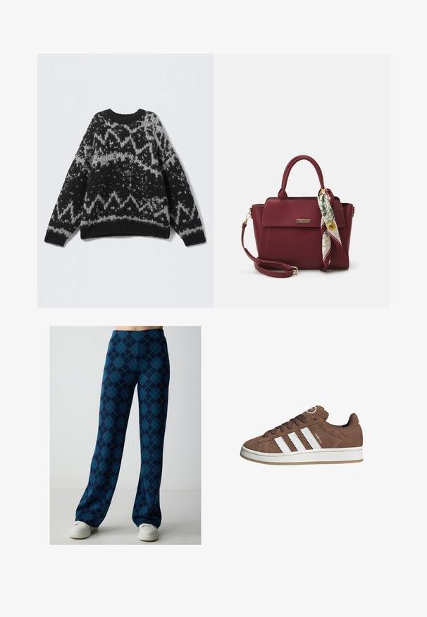 Pull en tricot noir et gris à motif avec un col rond et un ourlet côtelé. Présente des motifs géométriques et une apparence douce et texturée.; Pantalons à jambes larges en marine avec un motif argyle vert et bleu. Fabriqués dans un tissu texturé, avec une taille haute et une coupe décontractée.; Baskets en daim marron avec des bandes en cuir blanc, semelle en caoutchouc, bout arrondi et lacets. Comprend un logo sur la languette et des accents perforés.; Sac à main bourgogne en matériau synthétique avec un design structuré, doté d'une bandoulière amovible et d'un foulard à motif floral noué au poignet.