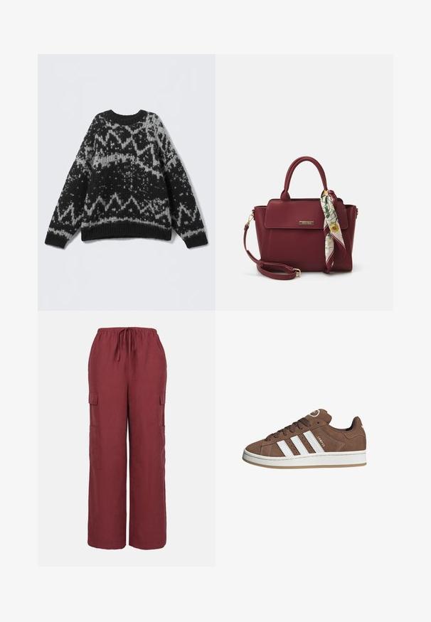 Svart och gråmönstrad stickad tröja med rund hals och ribbat nederkant. Har geometriska mönster och en mjuk, texturerad yta.; Burgundy cargobyxor i lätt tyg med dragsko i midjan, vida ben och två sidofickor för cargo.; Bruna mockaskor med vita läderremsor, gummisula, rund tå och snörning framtill. Har en logotyp på tungan och perforerade detaljer.; Burgundy handväska i syntetmaterial med en strukturerad design, som har ett avtagbart band och en scarf med blommönster knuten vid handtaget.