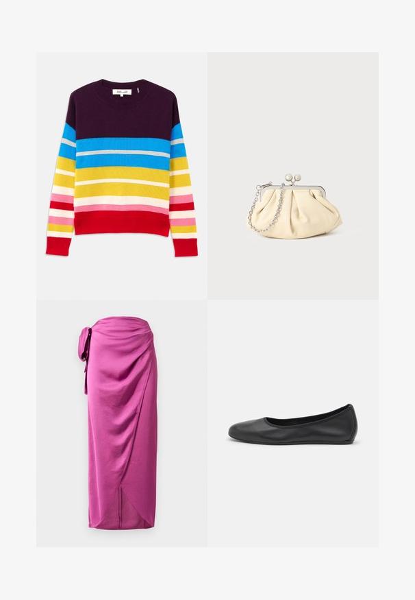 Pull en tricot avec rayures horizontales dans les tons violet, bleu, jaune, rose et rouge. Encolure et ourlet côtelés. Texture douce, design décontracté.; Jupe enveloppante rose avec un lien latéral, présentant un tissu drapé, une texture lisse et un ourlet asymétrique. Matériau léger avec un design fluide.; Ballerines en cuir noir avec un bout rond, texture lisse, détails de couture minimalistes et design de semelle flexible.; Pochette en cuir beige plissé avec un cadre en métal argenté, dotée de deux fermoirs ronds décoratifs et d'une chaîne en argent.