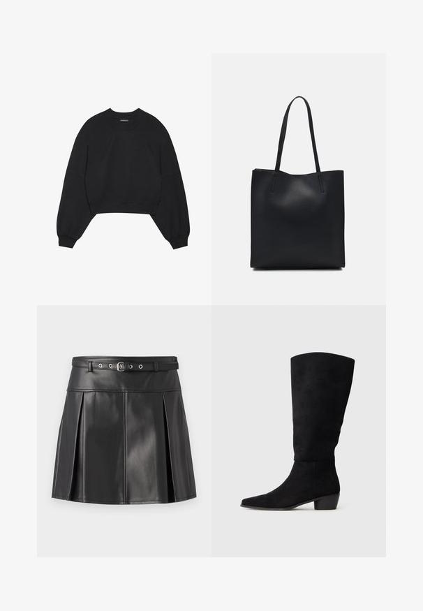 Černá zkrácená mikina vyrobená z měkké tkaniny, která má dlouhé raglánové rukávy, kulatý výstřih a pružné manžety. Bez výrazných vzorů nebo kovových doplňků.; Černá plisovaná sukně z umělé kůže s přiléhavým pasem, páskem a ozdobnými prvky ze stříbrného kovu. Hladká textura.; Černé semišové vysoké kozačky po kolena s nízkým blokovým podpatkem a špičatou špičkou, zobrazené ve bočním pohledu na světlém šedém pozadí.; Černá kožená taška přes rameno s hladkým povrchem, obdélníkovým tvarem a dvěma dlouhými uchy. Žádné viditelné kování ani ozdoby.