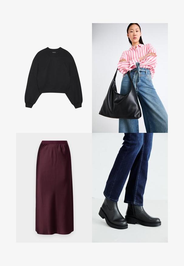 Must have mustriga mustar jope, mis on valmistatud pehmest kangast, pikad raglan varrukad, ümmargune kaelus ja elastsed mansetid. Erilisi mustreid või riistvarasid pole.; Gina Tricot ELASTIC MIDI SKIRT - Maksiseelik - wine; Mustad mustad nahast sääre kõrgused saabastega, millel on paks tald ja küljel elastsed paneelid, kombineeritud tumedate siniste teksadega. Maapind on heledat värvi.; Must musta õlakott lahtise kuju ja õmbluse detailidega. Mudel kannab roosa ja valge triibulist särki koos laia jalgadega siniste teksadega.