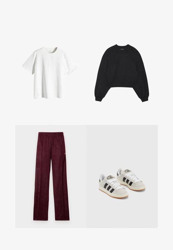 Sudadera corta negra hecha de tejido suave, con mangas largas tipo raglán, cuello redondo y puños elásticos. Sin patrones o detalles destacados.; Camiseta de algodón blanca con cuello redondo, mangas cortas y un corte holgado. Textura suave, sin patrones ni detalles.; Pantalones deportivos burdeos hechos de tela texturizada, con una cinturilla elástica y costuras laterales para un diseño de pierna recta.; Zapatillas de ante gris con cordones blancos, rayas negras y suela de goma blanca. Presentan un logo circular en la lengüeta y una suela de goma.