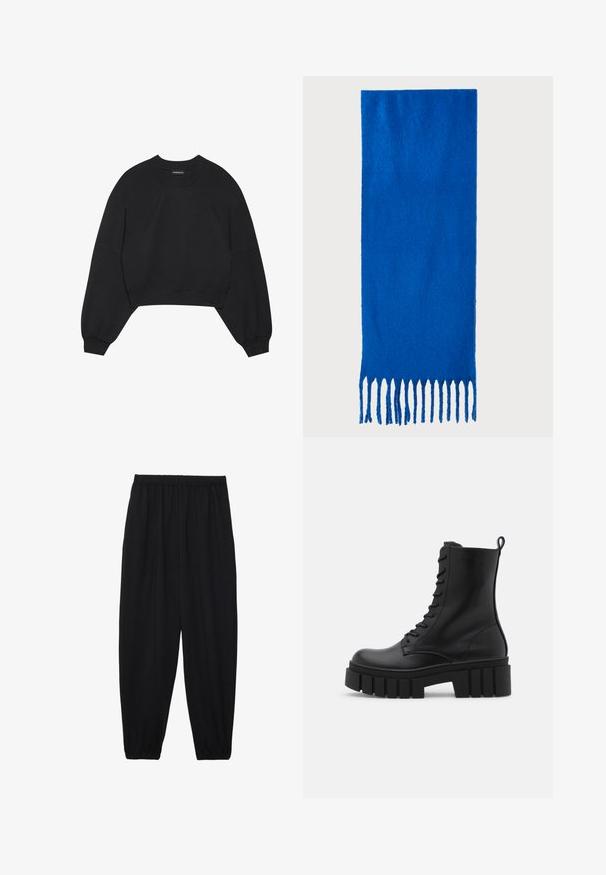 Fekete, rövidített pulóver puha anyagból, hosszú, raglán ujjakkal, kerek nyakkal és rugalmas mandzsettákkal. Nincsenek figyelemre méltó minták vagy fémdíszítések.; Fekete, könnyű nadrág elasztikus derékkal és ráncolt bokákkal. Az anyag sima és laza, szűkített dizájnnal rendelkezik.; Fekete bőr bokacsizma vastag, bordázott talppal, fűzős elülső résszel és húzófüllel sima fehér háttérrel.; Kék, rojtos sál puha anyagból; egyszínű, texturált felülettel rendelkezik, az alján pedig egyenletesen vágott rojttal van ellátva.