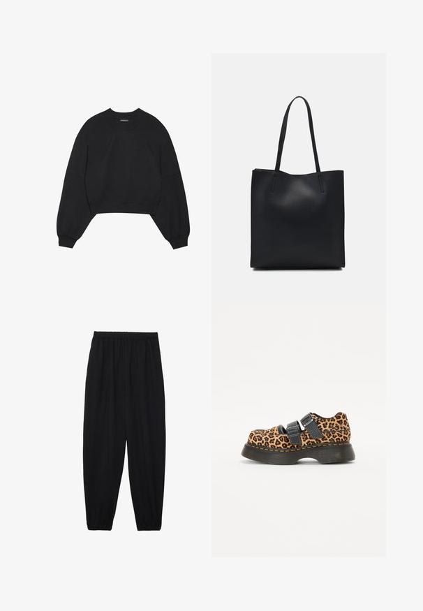 Black cropped sweatshirt made of soft fabric, featuring long raglan sleeves, a round neck, and elastic cuffs. No notable patterns or hardware.; Black, lightweight pants with an elastic waistband and gathered ankles. The fabric is smooth and features a relaxed, tapered design.; Leopard print shoes with a sturdy black rubber sole, featuring two adjustable black straps and contrasting orange stitching along the edge.; Black leather tote bag with smooth texture, rectangular shape, and two long handles. No visible hardware or embellishments.