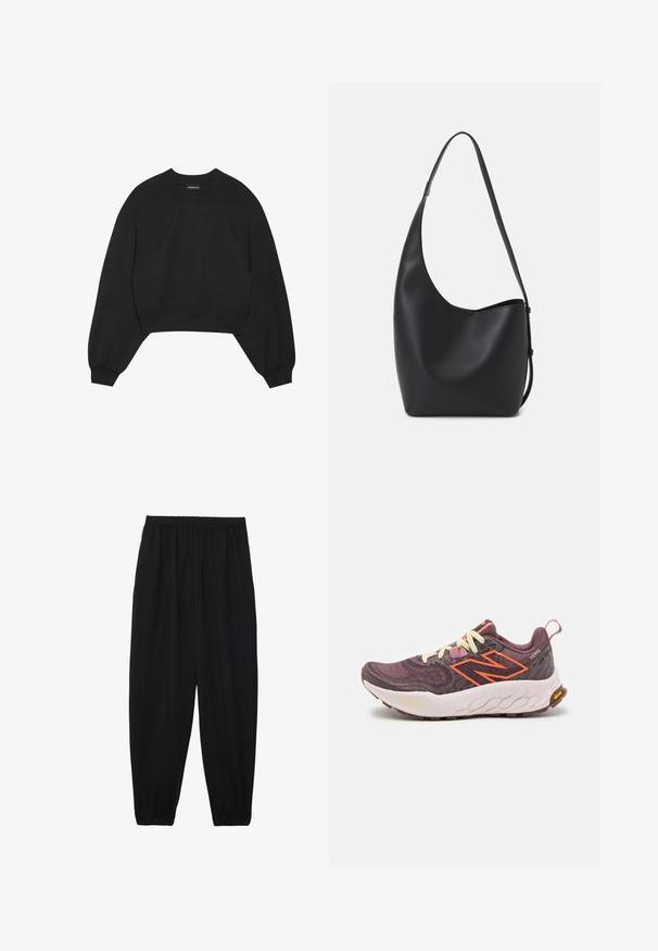 Black cropped sweatshirt made of soft fabric, featuring long raglan sleeves, a round neck, and elastic cuffs. No notable patterns or hardware.; Black, lightweight pants with an elastic waistband and gathered ankles. The fabric is smooth and features a relaxed, tapered design.; Purple and gray athletic shoe with orange accents, textured mesh upper, EVA midsole, and a rubber outsole. Features contrasting laces and a heel tab.; Black leather hobo bag with a smooth texture, curved shape, and single adjustable strap; features a wide opening at the top.