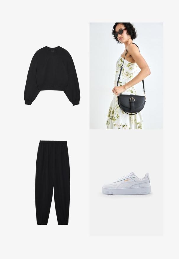 Must have mustriga mustar jope, mis on valmistatud pehmest kangast, pikad raglan varrukad, ümmargune kaelus ja elastsed mansetid. Erilisi mustreid või riistvarasid pole.; Mustad, kerge kangas püksid elastse vöökoha ja kokku volditud pahkluudega. Kanga pind on sile ja disain on lõdvestunud, kitsenev.; Valged nahast spordijalatsid paksu tallaga, millel on sile tekstuur, minimalistlik disain, külgribalid ja väike logo detail.; Mustmust mustraha kõverate joontega, eemaldatava rihmaga ja kuldsete detailidega. Kotil on klapp, millel on pandladetail.