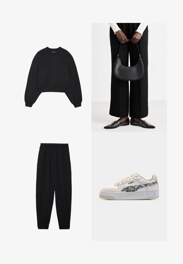 Svart avkortet hettegenser laget av mykt stoff, med lange raglanermer, rund hals og elastiske mansjetter. Ingen bemerkelsesverdige mønstre eller maskinvare.; Svarte, lette bukser med elastisk liv og rynkede ankler. Stoffet er glatt og har en avslappet, innsvingt design.; Hvite lær sneakers med teksturert slangeprintelement, beige snørebånd og grå yttersåle. Inkluderer logo på siden og mønstrede detaljer.; Svart skinn skulderveske med en avrundet form, glanset overflate og sølvfargede detaljer. Person iført sorte vide bukser og naglede loafers.