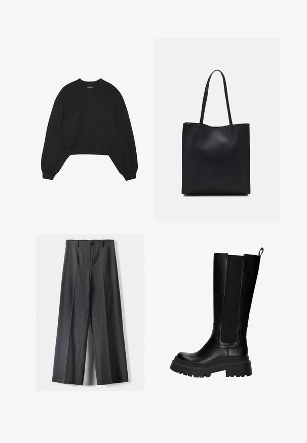 Schwarze, kurz geschnittene Sweatshirt aus weichem Stoff, mit langen Raglanärmeln, Rundhalsausschnitt und elastischen Bündchen. Keine auffälligen Muster oder Hardware.; Weite Beinhosen aus dunkelgrauem Stoff mit Knopfverschluss, vorderen Falten und Gürtelschlaufen. Glatte Textur mit maßgeschneidertem Design.; Schwarze Lederstiefel bis zum Knie mit elastischen Seitenpaneelen, robuster Gummisohle und einem dicken Absatz. Glatte Textur mit minimalen Nähdetails.; Schwarze Laptoptasche aus Leder mit glatter Textur, rechteckiger Form und zwei langen Griffen. Keine sichtbaren Beschläge oder Verzierungen.