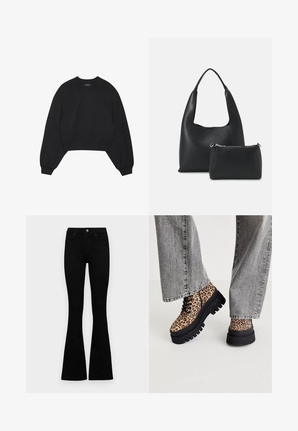 Fekete, rövidített pulóver puha anyagból, hosszú, raglán ujjakkal, kerek nyakkal és rugalmas mandzsettákkal. Nincsenek figyelemre méltó minták vagy fémdíszítések.; Fekete, magas derekú farmernadrág gomb- és cipzárzárral, elülső zsebekkel és harangszárral, laposan egy fehér háttérre terítve.; Steve Madden COAST - Fűzős bokacsizmák - brown/multi-coloured; Even&Odd Kézitáska - black