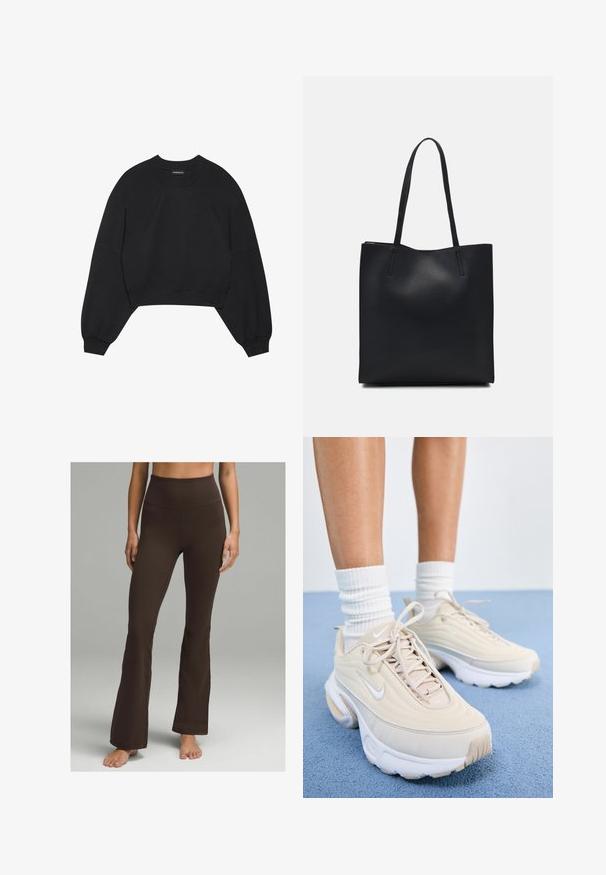 Zwarte cropped sweatshirt van zachte stof, met lange raglanmouwen, een ronde hals en elastische manchetten. Geen opvallende patronen of hardware.; lululemon GROOVE SHR FLARED REGULAR - Broek - espresso; Beige sport schoenen met een textuur bovenkant, witte veters en een dikke witte zool. Het ontwerp heeft subtiele rondingen en een klein logo.; Zwarte leren handtas met een gladde textuur, rechthoekige vorm en twee lange handvaten. Geen zichtbare hardware of versieringen.