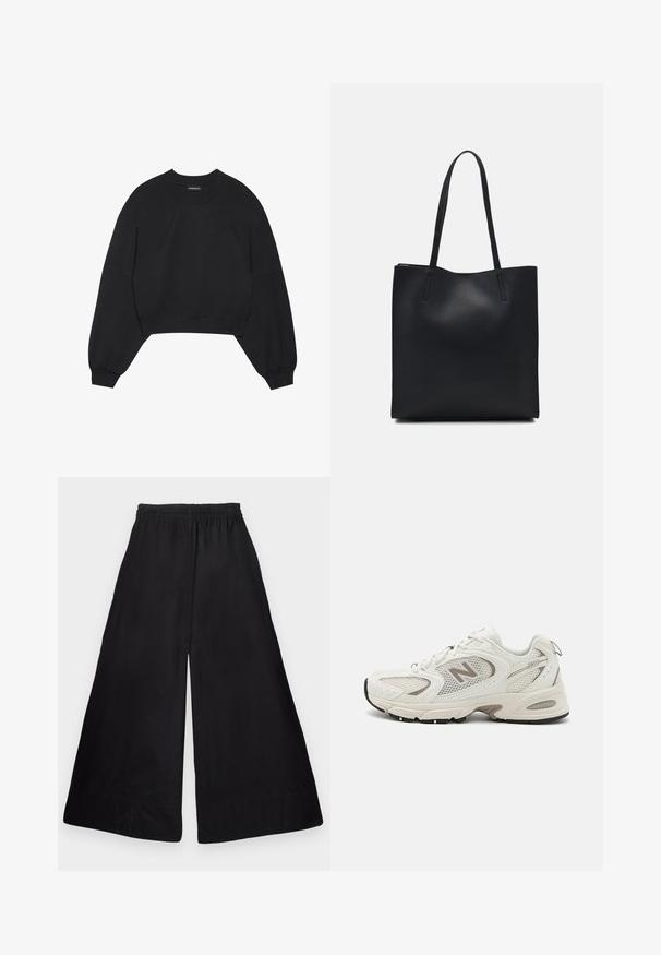 Černá zkrácená mikina vyrobená z měkké tkaniny, která má dlouhé raglánové rukávy, kulatý výstřih a pružné manžety. Bez výrazných vzorů nebo kovových doplňků.; Černé kalhoty s širokými nohavicemi vyrobené z hladkého, lehkého materiálu, s elastickým pasem a čistým, minimalistickým designem bez vzorů.; Bílé běžecké boty z síťoviny se šedými akcenty, kulatou špičkou, šněrovacím designem, polstrovanou podrážkou a výrazným logem "N" po straně.; Černá kožená taška přes rameno s hladkým povrchem, obdélníkovým tvarem a dvěma dlouhými uchy. Žádné viditelné kování ani ozdoby.