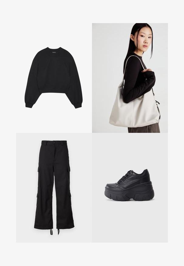 Sort cropped sweatshirt lavet af blødt stof, med lange raglanærmer, en rund hals og elastiske manchetter. Ingen bemærkelsesværdige mønstre eller metaldele.; Sorte cargo bukser lavet af robust stof, med sidelommer, knaplukning, bred ben design og justerbare snore i kanten.; Sorte snørebåndssneakers med en kraftig sål, der har en glat læderoverdel, rund tå og et markant lagdelt plade-design.; Beige håndtaske lavet af blødt materiale med et slouchy design, stikninger og to skulderremme. Velegnet til daglig brug.