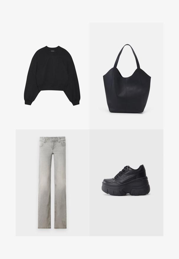 Schwarze, kurz geschnittene Sweatshirt aus weichem Stoff, mit langen Raglanärmeln, Rundhalsausschnitt und elastischen Bündchen. Keine auffälligen Muster oder Hardware.; Hellgraue Jeans mit geradem Schnitt, hergestellt aus Denim. Verfügt über zwei vordere Taschen, einen Hosenbund mit zwei Knöpfen und sichtbaren Nähten.; Schwarze Schnürsneaker mit einer klobigen Sohle, ausgestattet mit einem glatten Leder-Obermaterial, runder Zehenpartie und markantem, geschichteten Plattformdesign.; Schwarze Tote-Bag aus glattem Leder, mit einem abgerundeten, offenen Oberteil, zwei Schulterträgern und einem minimalistischen Design.