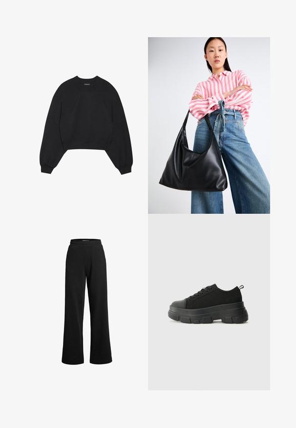 Zwarte cropped sweatshirt van zachte stof, met lange raglanmouwen, een ronde hals en elastische manchetten. Geen opvallende patronen of hardware.; Zwarte sweatpants met een brede pijp, gemaakt van zachte stof. Voorzien van een elastische tailleband en minimale naden voor comfort.; Zwarte sneakers met een stevige rubberen zool, textiel bovenwerk, ronde neus en vetersluiting. Beschikt over versterkte oogjes en een trekstrip aan de achterkant.; Zwarte leren schoudertas met een slungelige vorm en naden. Model draagt een roze en witte gestreepte blouse met wijde blauwe jeans.