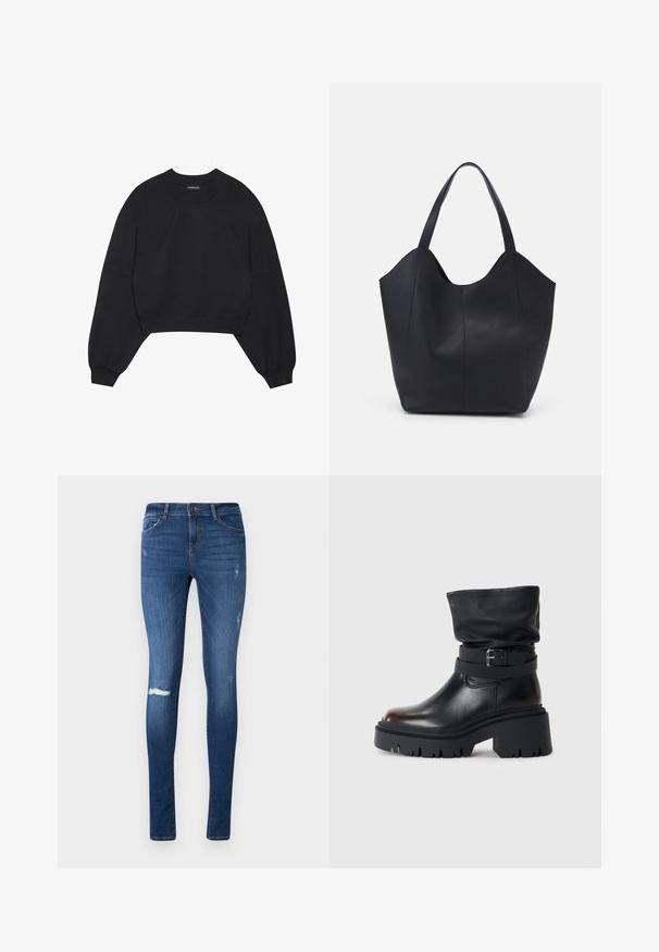 Svart avkortet hettegenser laget av mykt stoff, med lange raglanermer, rund hals og elastiske mansjetter. Ingen bemerkelsesverdige mønstre eller maskinvare.; Smal passform, mørkeblå jeans med en falmet vask, slitte knær og fem-lomme-design. Laget av denim med en liten stretch.; Svart lær ankelstøvel med en slapp overdel, spenne detaljer og tykk, robust såle. Har en rund tå og glatt tekstur.; Svart tote-veske laget av glatt lær, med en buet, åpen topp og to skulderstropper, samt et minimalistisk design.
